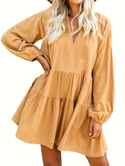 Long Sleeve Solid Color V Neck Loose Babydoll Dress, Casual Ruffle Hem For Spring & Fall, Women's Clothing