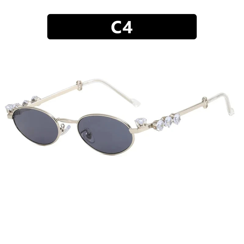 INGVN  Metal Oval Shades Women Men Rhinestone Diamonds Sunglasses 2024 Unisex Bling Eyeglasses Frames  Uv400 Fashion Eyewear Glasses