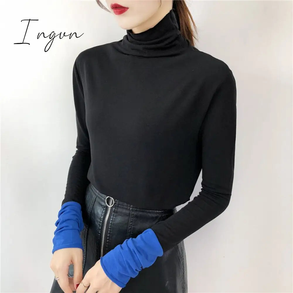 Ingvn - harajuku Solid Bottoming t Shirt Women Spring Autumn Tee Shirts Korean Turtleneck Slim Long Sleeve Black White T-shirts 90s tops
