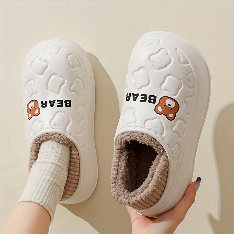 Cozy Winter Bear Slippers - Cute Cartoon Waterproof, Plush Lined EVA, Indoor/Outdoor Comfort