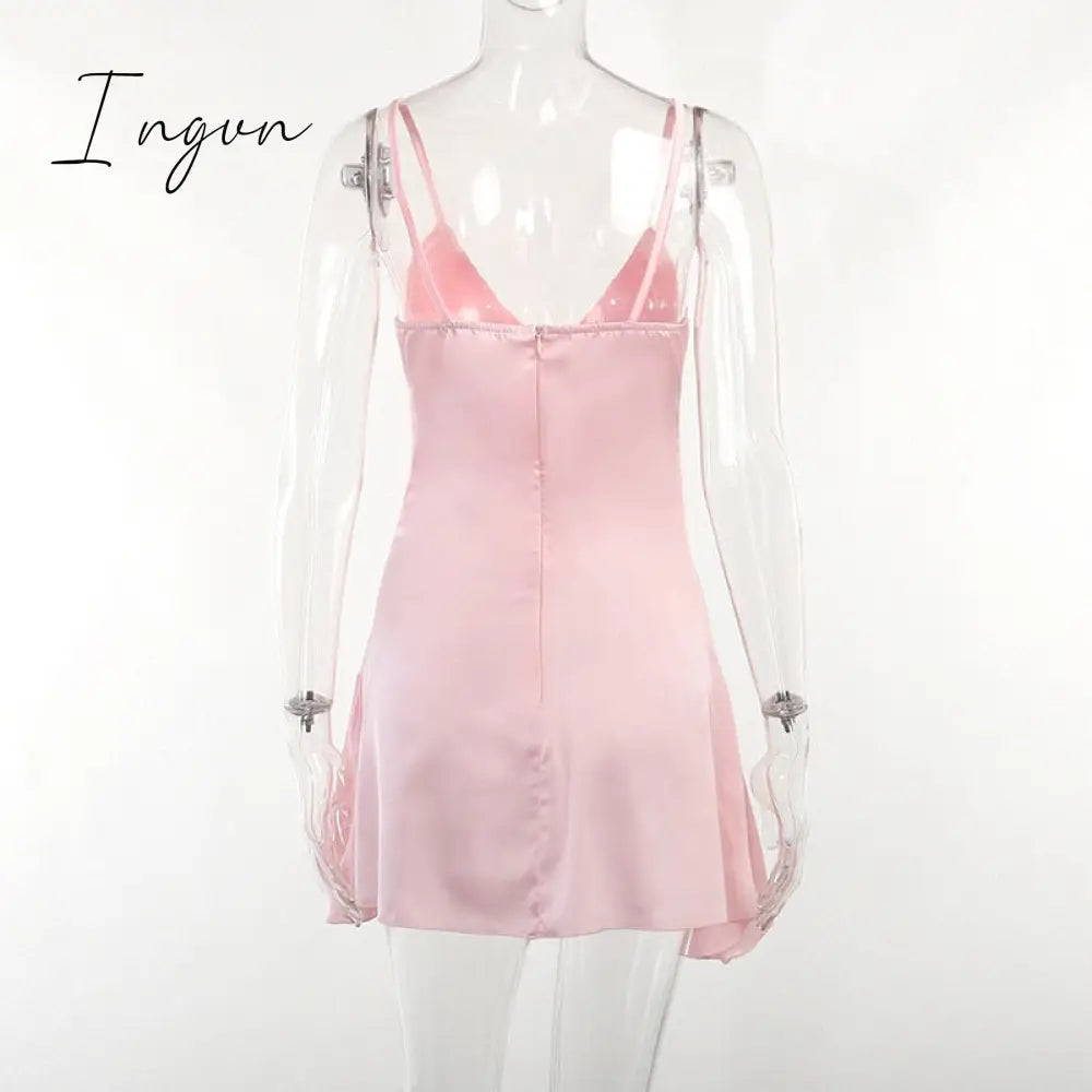 Ingvn - Satin Spaghetti Strap Sexy Mini Dress Women Robe Summer New Deep V Neck Sleeveless backless Club Party Dress Vestido