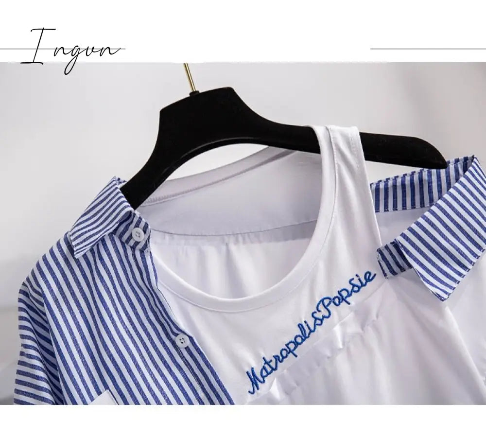 Ingvn - 2 pieces shorts sets summer Sweet Korean off shoulder striped patchwork tops and shorts 2 pieces sets women two pieces outfits