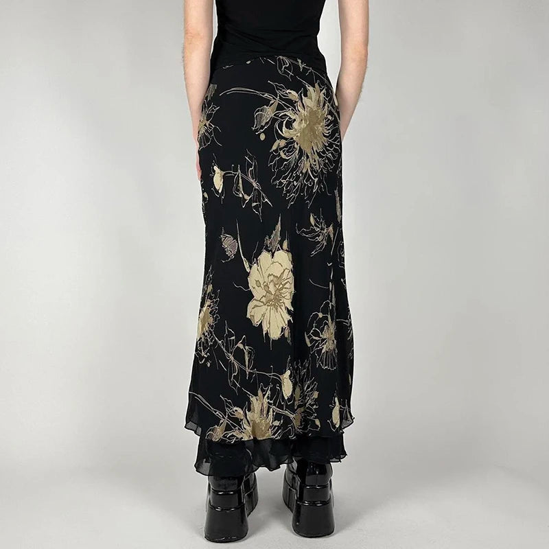 Vintage Floral Print Low Rise Long Skirt Streetwear 90s Slim-fitting Women's Skirts Harajuku y2k Aesthetic Ladies Bottoms