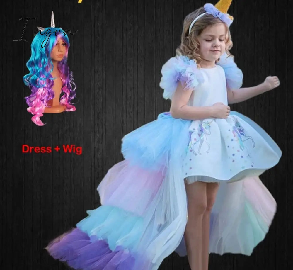 Ingvn - Christmas Girls Unicorn Dress with Long Tail + Wings Wig Hairband Baby Girl Princess Birthday Party Ball Gown Kids Horse Clothes