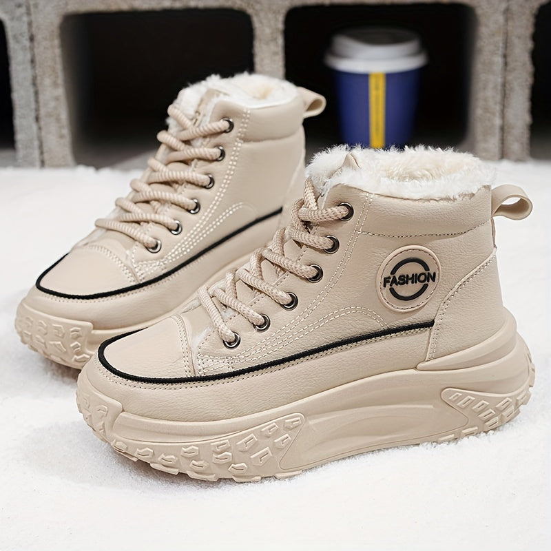 Cozy & Stylish Women's High-Top Sneakers - Plush Lined, Thick Sole, Warm Winter Booties with Lace-Up Closure