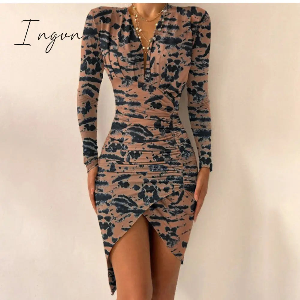 Ingvn - Women's Spring Sexy Package Hips Long-sleeve V-neck Printed Slit Dress Clothing Summer Black Bodycon Dresses For Women Party