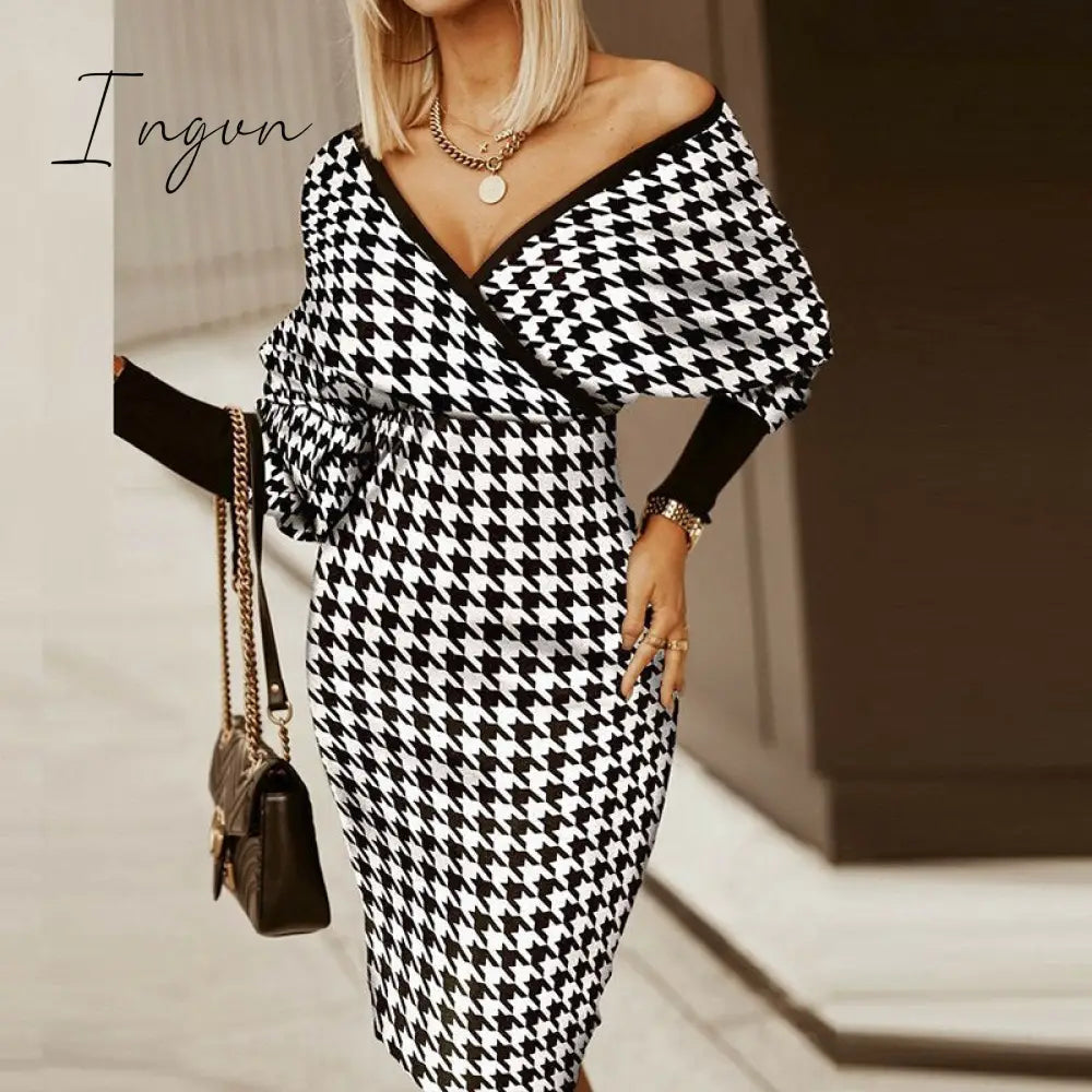 Ingvn - Women Deep V-Neck Striped Plaid Party Dress Long Sleeve Spring Autumn Casual Ladies Hip Dress Skinny Sweet Streetwear Vestidos