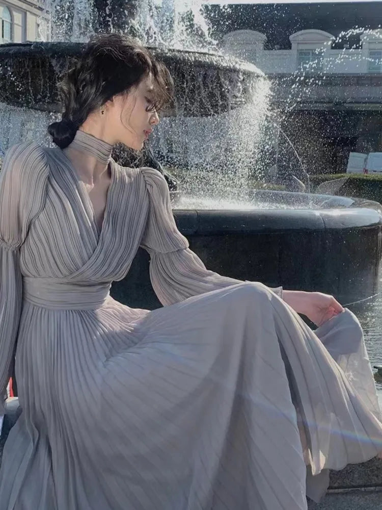 Women's French Ruffle Irregular Long Dresses Elegant Fashion Fairy Pleated Party Evening One Piece Dress Korean Female Clothings