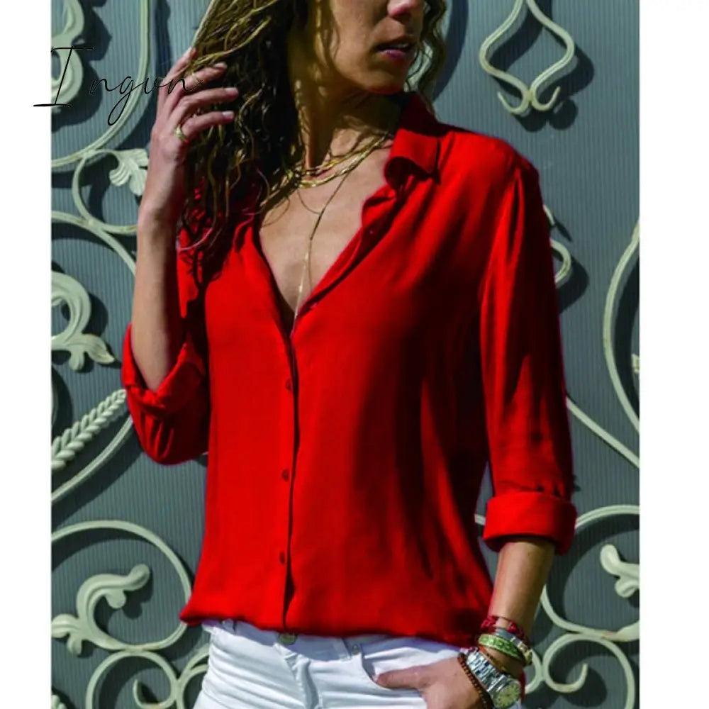 Ingvn - Elegant Long Sleeve Oversized Solid V-Neck Chiffon Blouse Summer Women Tops Female Office Shirts Casual Regular