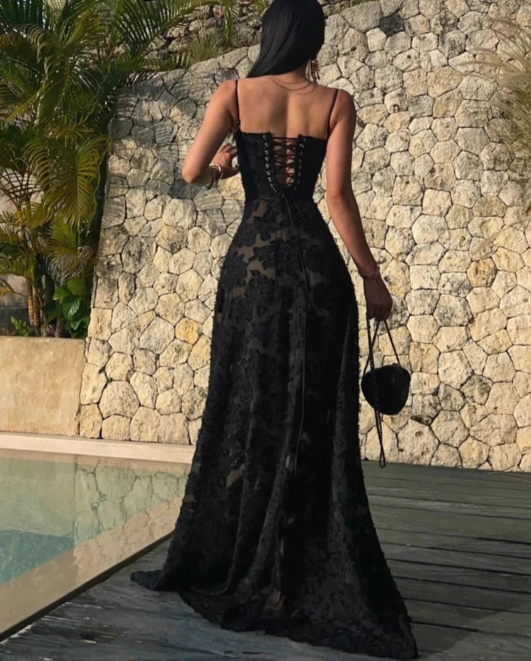 Vintage Luxury Black Long Dress Women Sexy Spaghetti Straps Wedding Evening Party Robe Summer Ladies Runway Bridesmaid Clothes