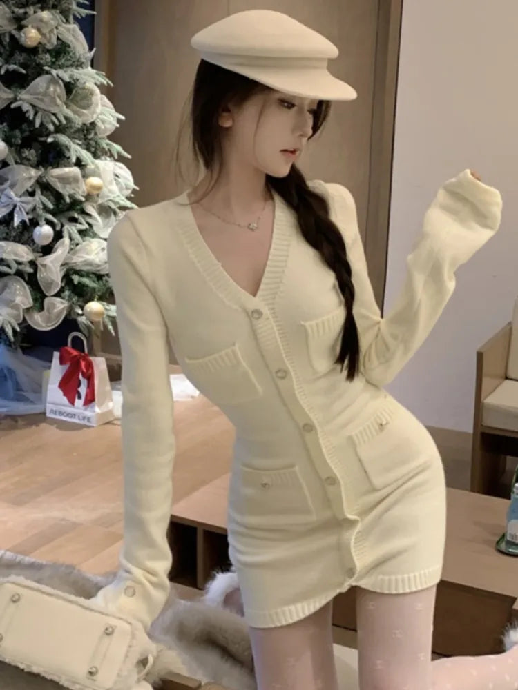 2K Autumn Women's Knitted Dress New Fashion V-Neck Long Sleeve Single Breasted Bodycon Party Mini Dresses Solid Casual Vestidos