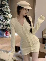 2K Autumn Women's Knitted Dress New Fashion V-Neck Long Sleeve Single Breasted Bodycon Party Mini Dresses Solid Casual Vestidos