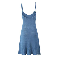 Summer Women Sexy Hollow Out Knit Sling Mini Dress O Neck Sleeveless Hem Ruffle A-line Short Beach Dresses Holiday Robe