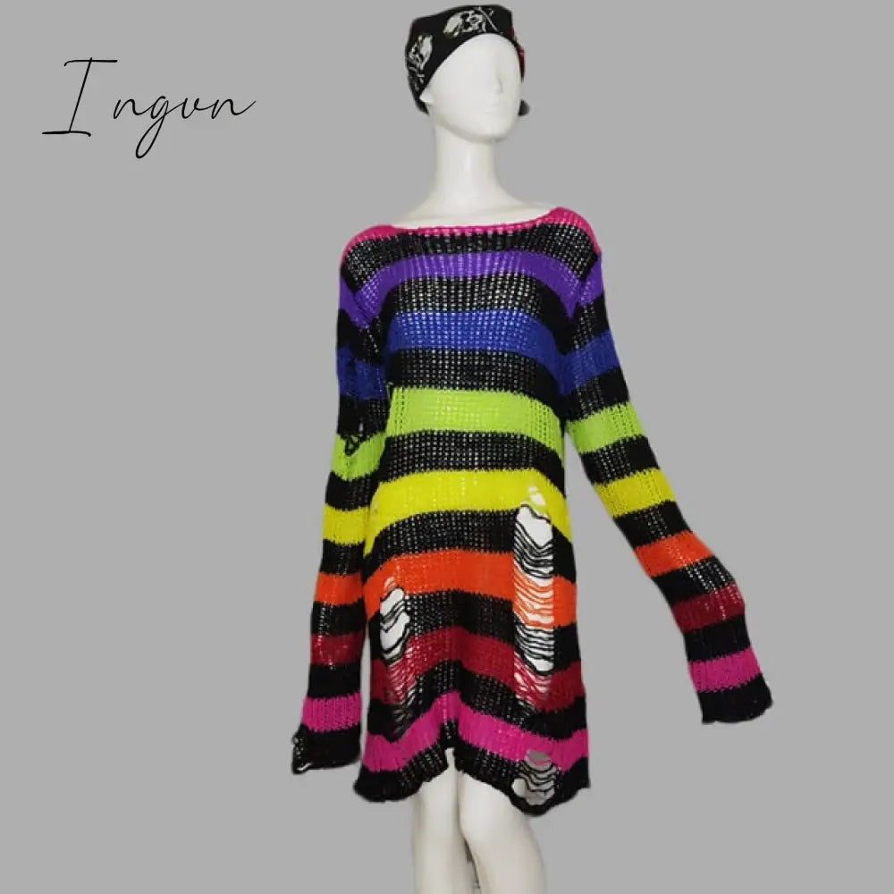 Ingvn - Plus Size Punk Gothic Long Unisex Sweater Dress Women Man Striped Cool Hollow Out Hole Broken Jumper Loose Rock Thin Sweter
