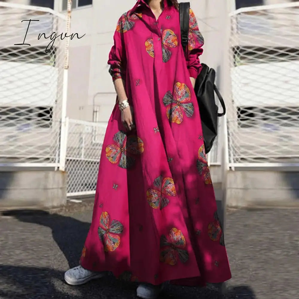 Ingvn - Summer Stylish Women Vintage Long Sleeve Loose Sundress Casual Long Maxi Dress Kaftan Femme Solid Party Vestido Robe