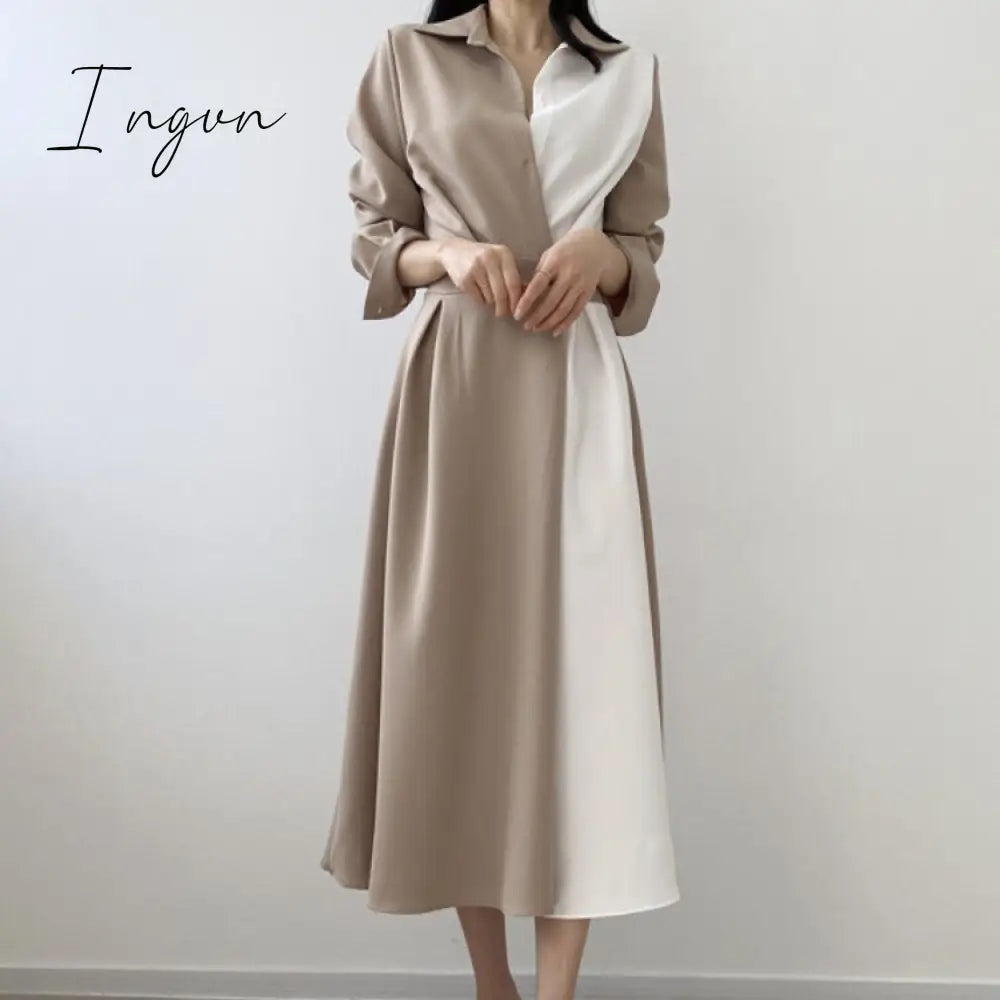 Ingvn - Spring Autumn Retro Temperament Contrast Color Lapel Long-Sleeved Shirt Female Midi Dress Korean Elegant Fashion Slim Chic Dress