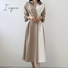 Ingvn - Spring Autumn Retro Temperament Contrast Color Lapel Long-Sleeved Shirt Female Midi Dress Korean Elegant Fashion Slim Chic Dress