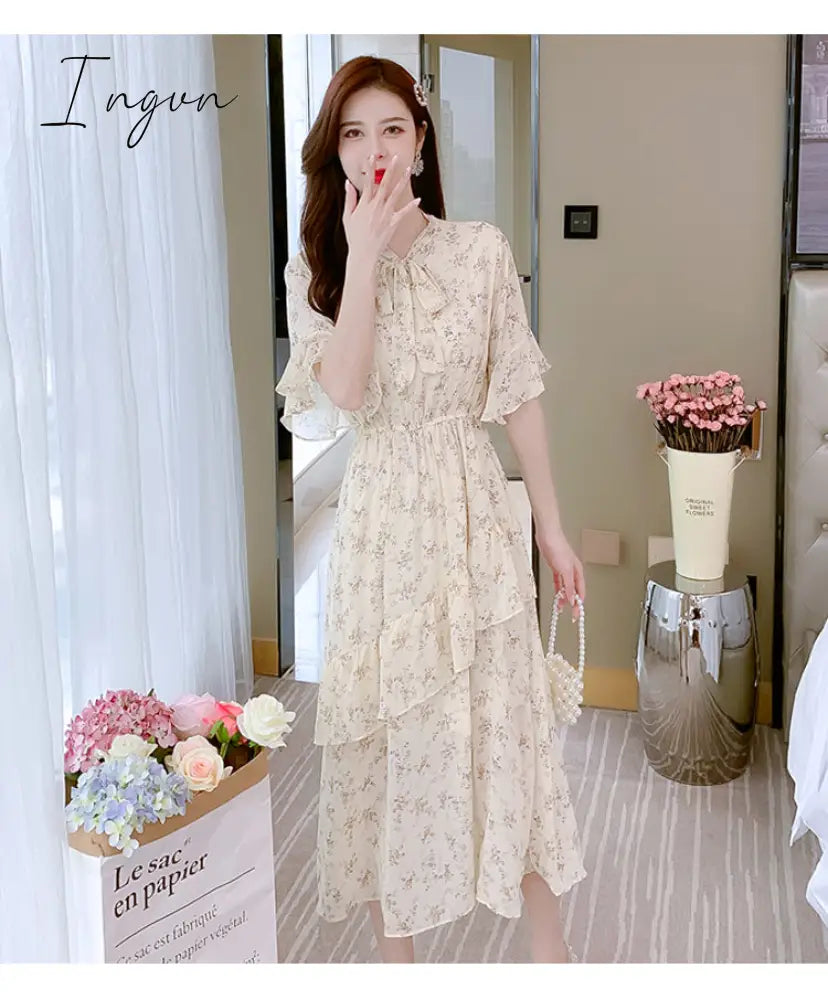 Ingvn - Women Mini Dress Spring New V-neck Floral Chiffon Dress High Waist Flare Sleeve Female Dress Woman's Dress KarolyiDora KA88
