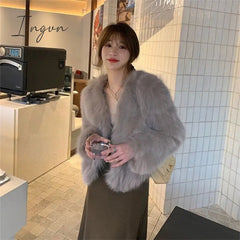 Ingvn - 2023 Spring Fashion Faux Fox Fur Coat Women Korea Fashion Warm Feather Coats Loose Short Outercoat Lady Party Elegant Outfits