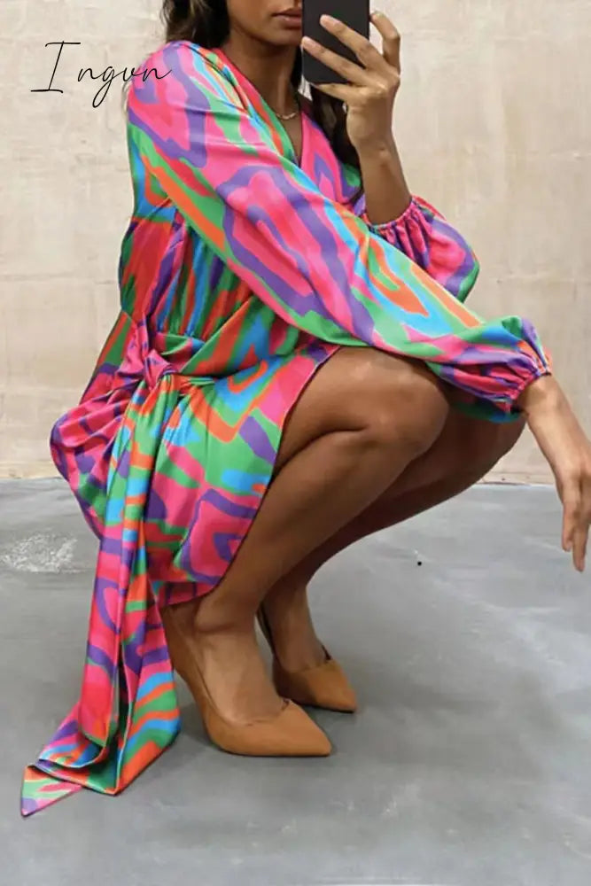 Ingvn - Casual Print Patchwork V Neck Irregular Dress Dresses