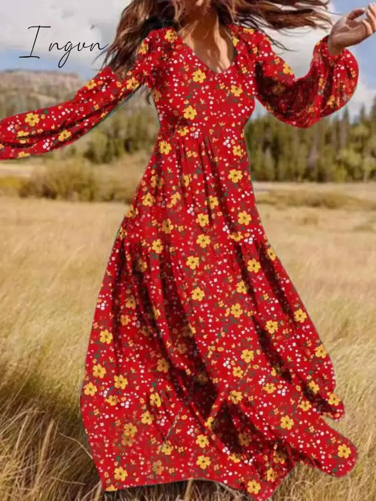 Ingvn - V Neck Long Sleeve Patchwork Solid Color Dress