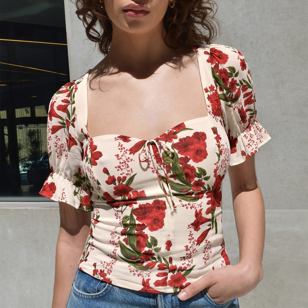 Summer Tops For Women Sweetheart Neck Tie Bow Fruit Print Blouses Back Smocked Short Puff Sleeve Elegant Chiffon Blouse