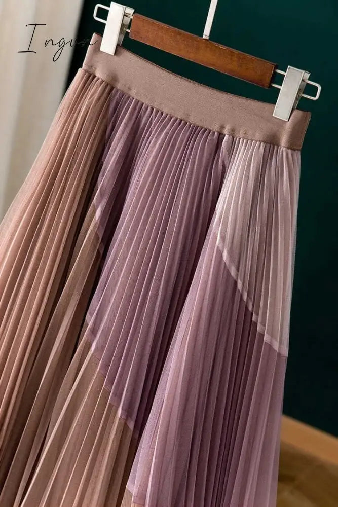 Ingvn - Gauze Patchwork Pleated Midi Skirts Spring Summer New Fashion Streetwear Casual Elastic High-waisted Women's Skirt