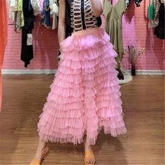 Ingvn - jupe femme Spring Party Skirt Elastic High Waist Long Tulle Skirt Women Multilayer ruffles Pink Mesh Tutu Skirt Ladies