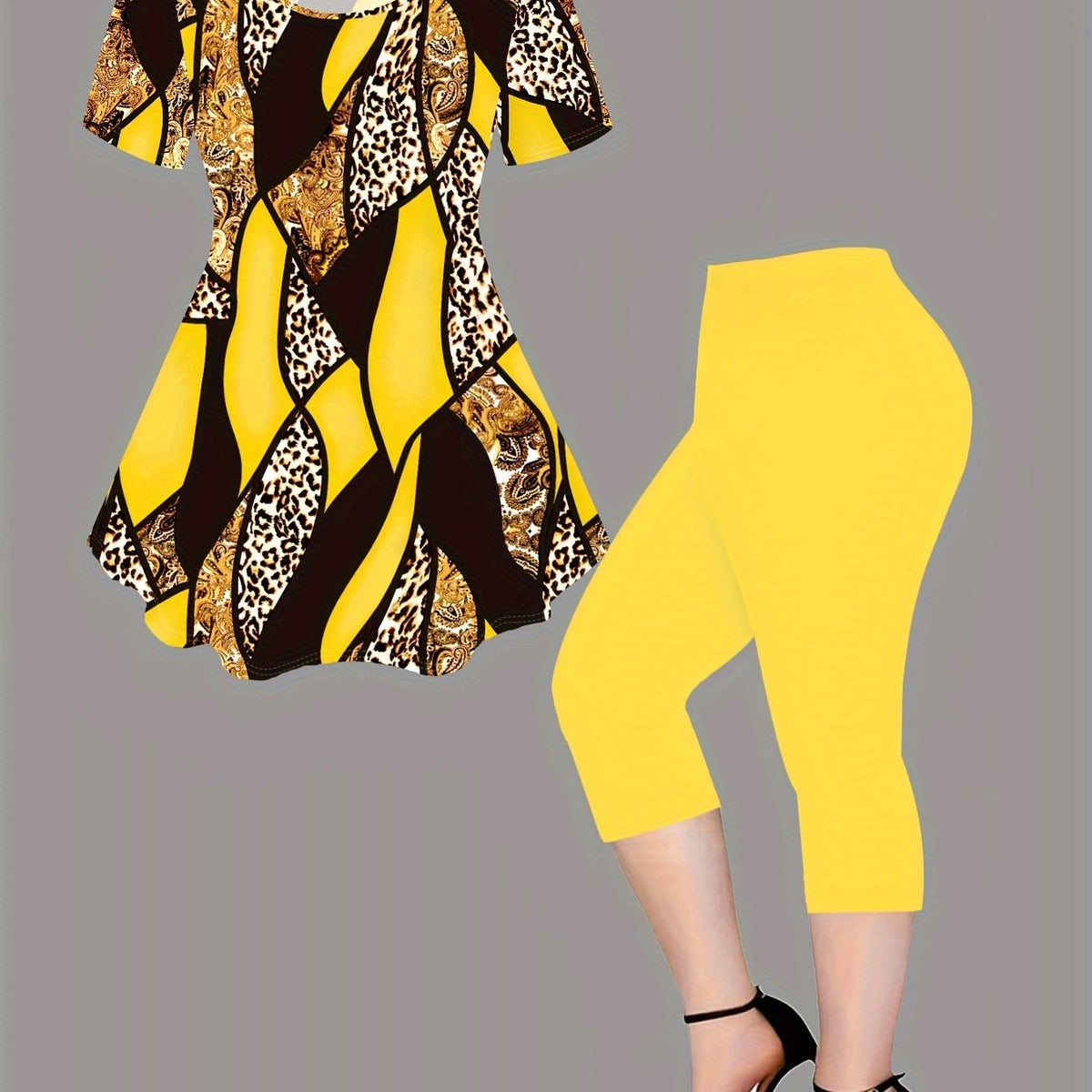 Leopard Print Casual Leggings Set, Crew Neck Short Sleeve Top & Solid Color Leggings Outfits For Spring & Summer, Women's Clothing