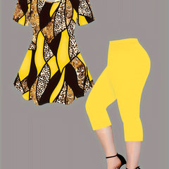 Leopard Print Casual Leggings Set, Crew Neck Short Sleeve Top & Solid Color Leggings Outfits For Spring & Summer, Women's Clothing