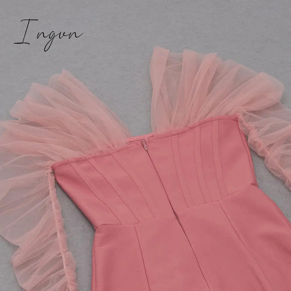 Ingvn - Fashion Trends Summer Women Sexy Off Shoulder Long Sleeve Backless Mesh Pink Mini Bodycon Bandage Dress Elegant Evening Club Party Dress