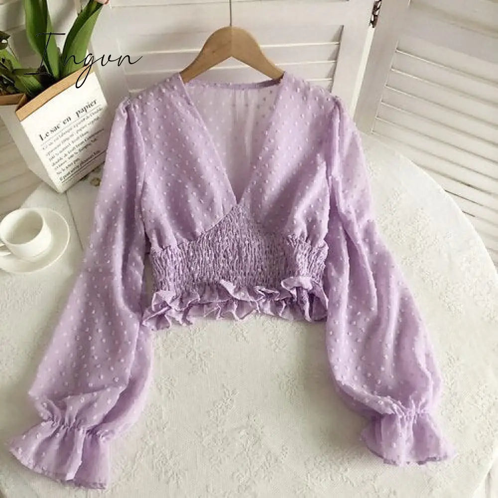 Ingvn - Women Fashion Spring Women Sweet Spot Blouse Ladies Fashion Chiffon Pullover Shirt V-neck Slim Long Puff Sleeve Folds Tunic Short Top
