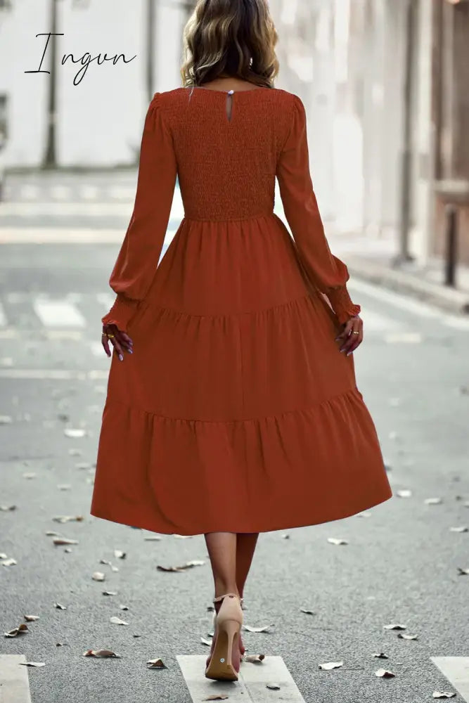 Ingvn - Smocked Long Puff Sleeve Tiered Midi Dress