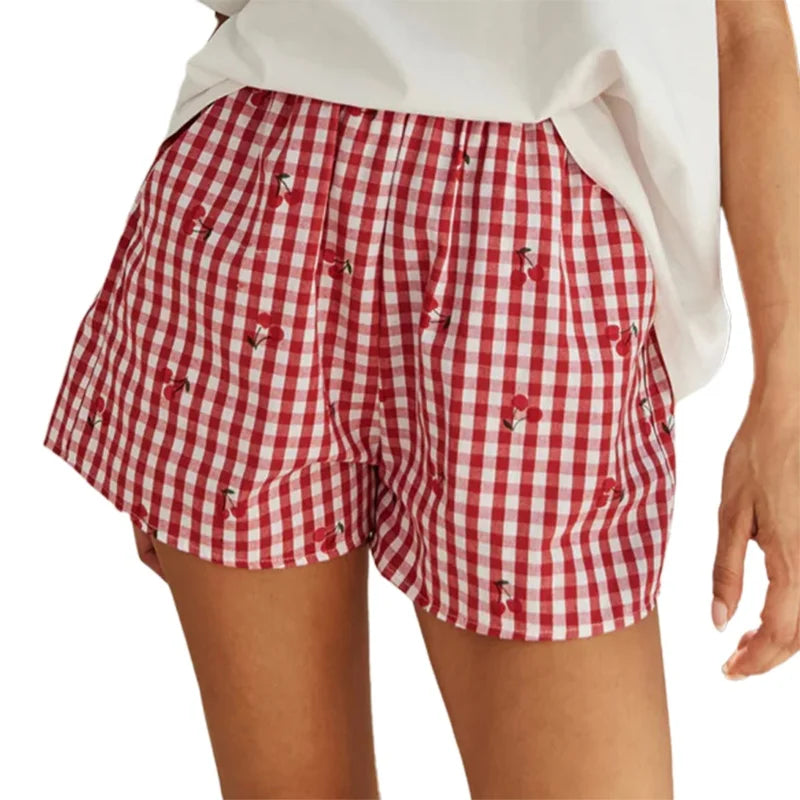 y2k Lounge Shorts Women Summer Cute Cherry Plaid Print Elastic Waistband Pajama Shorts 2000s Clothing Beach Streetwear