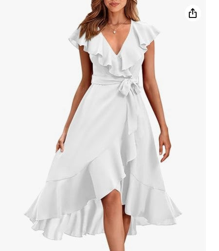 new V-neck short sleeve ruffled long temperament lace-up dress