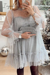 Ingvn - Sweet Cute Solid Patchwork Sequined O Neck Long Sleeve Dresses