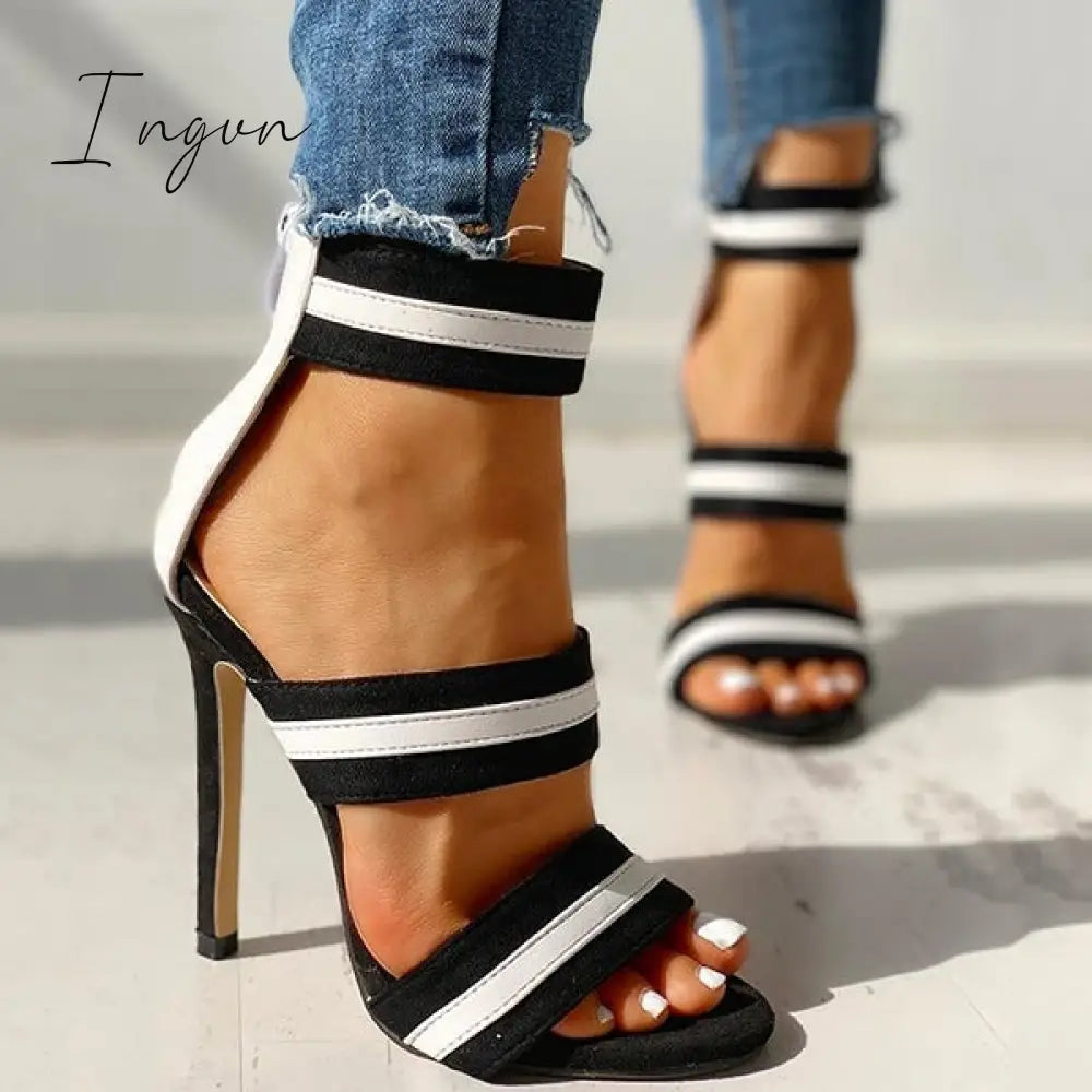 Ingvn - Stripes Open Toe Thin Heels