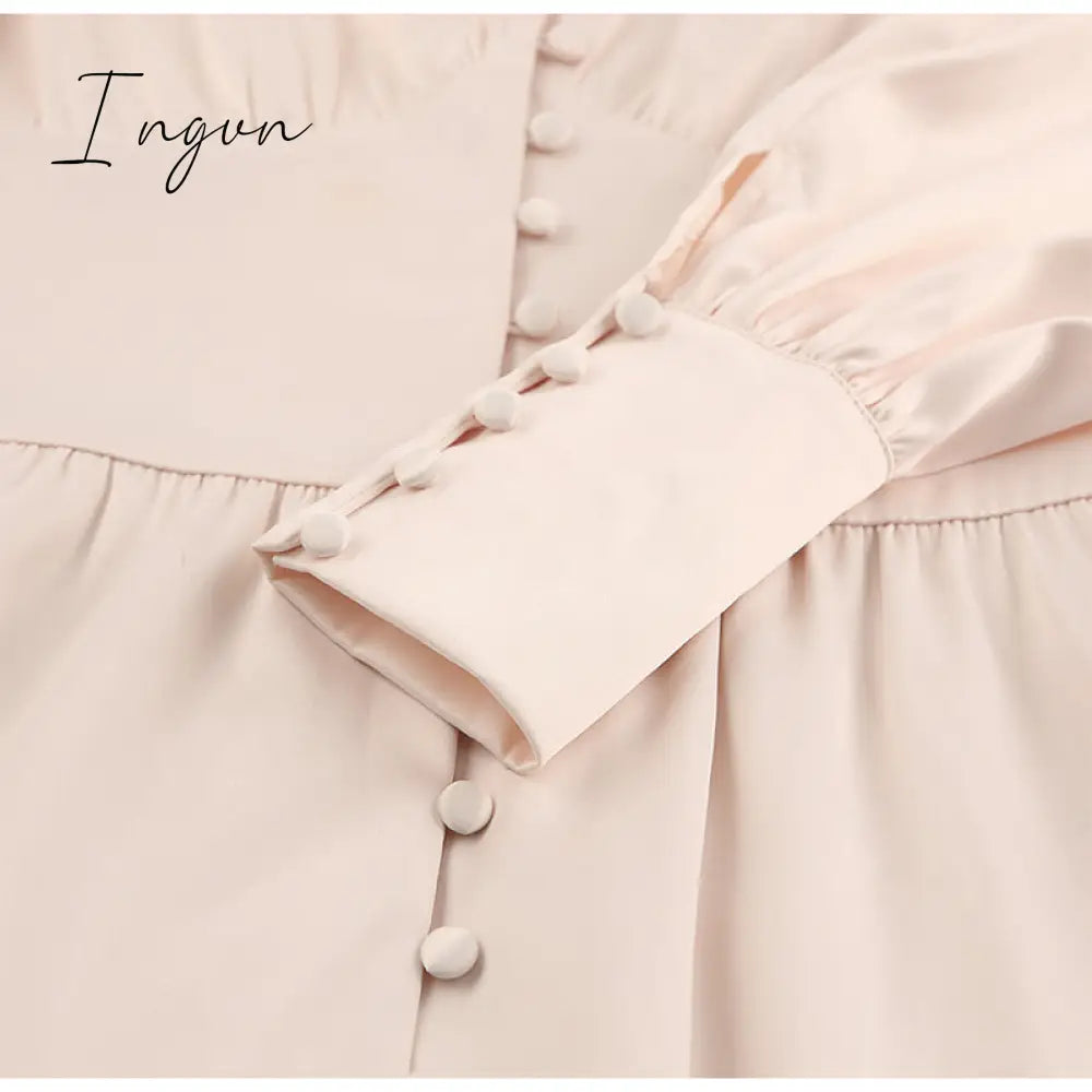 Ingvn - Elegant spring satin bishop sleeve a-line dress women V-neck high waist button dress solid Vintage long dresses chic