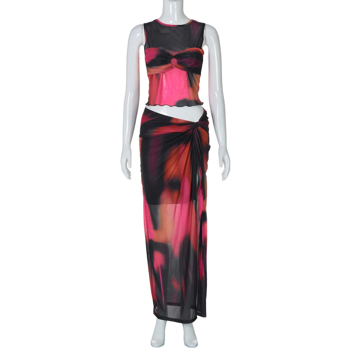 Mesh Print Sexy Skirt Sets Women O Neck Sleeveless Crop Tops And Split Skirt Ladies Sexy Club Party 2 Piece Sets