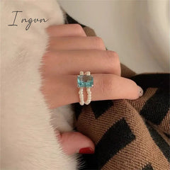 Kpop Romantic Coloful Crystal Pearl Elastic Rope Beaded Ring Smooth Irregular Geometric Square Oval Rings for Women Jewelry