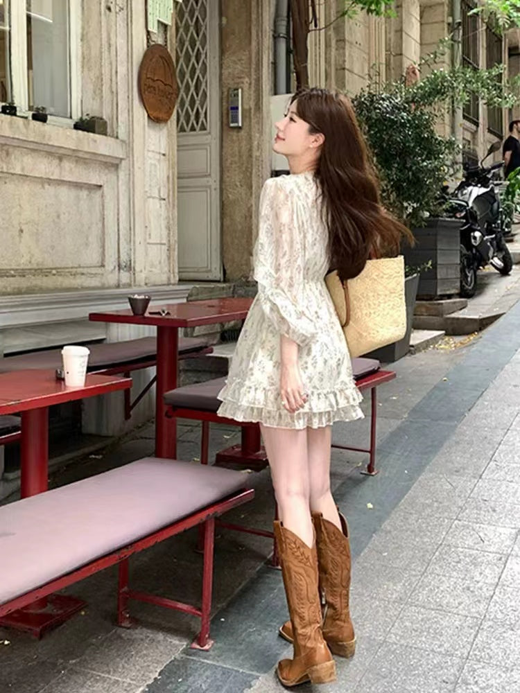Pphmm Casual Pleated Chiffon Office Lady Dress Spring Women Ruffle V Neck Waist Mini Dress Elegant Lantern Sleeve Print Beach Dresses