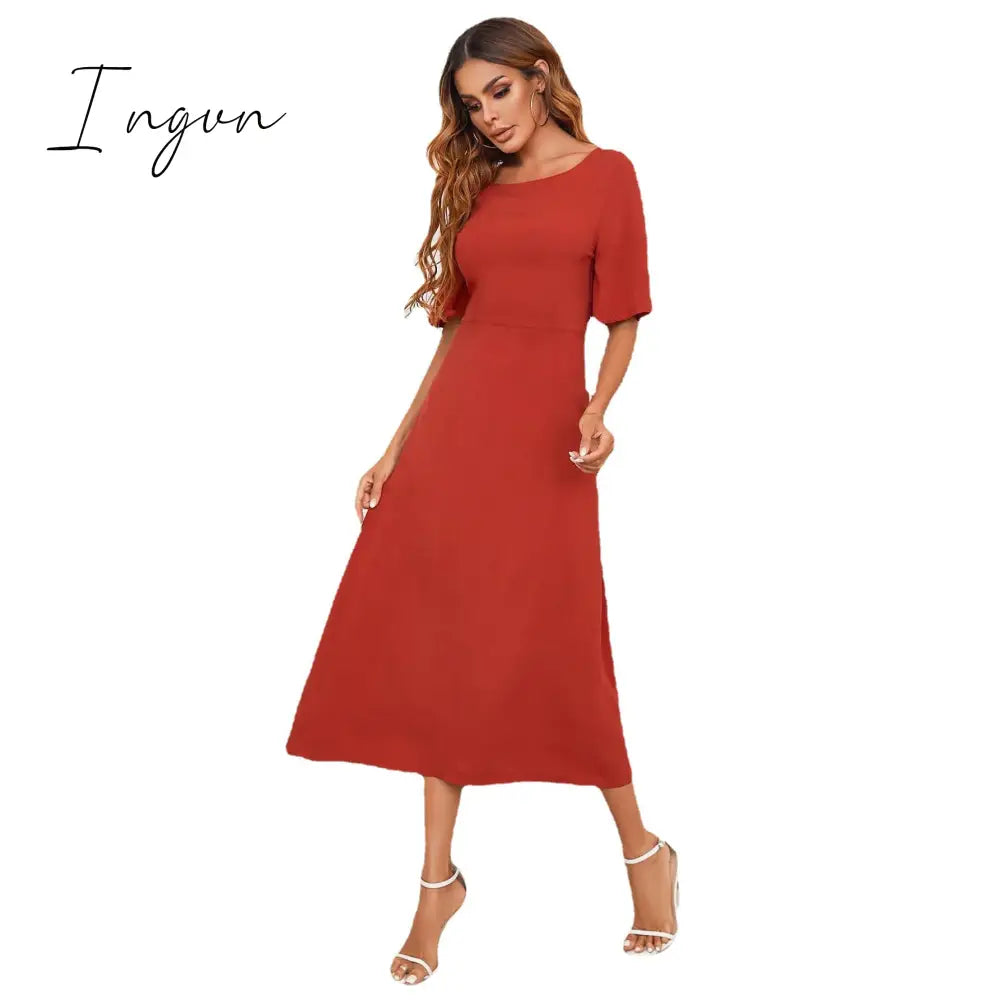 Ingvn - Hot Women's European and American Round Neck Solid Color Long Dress