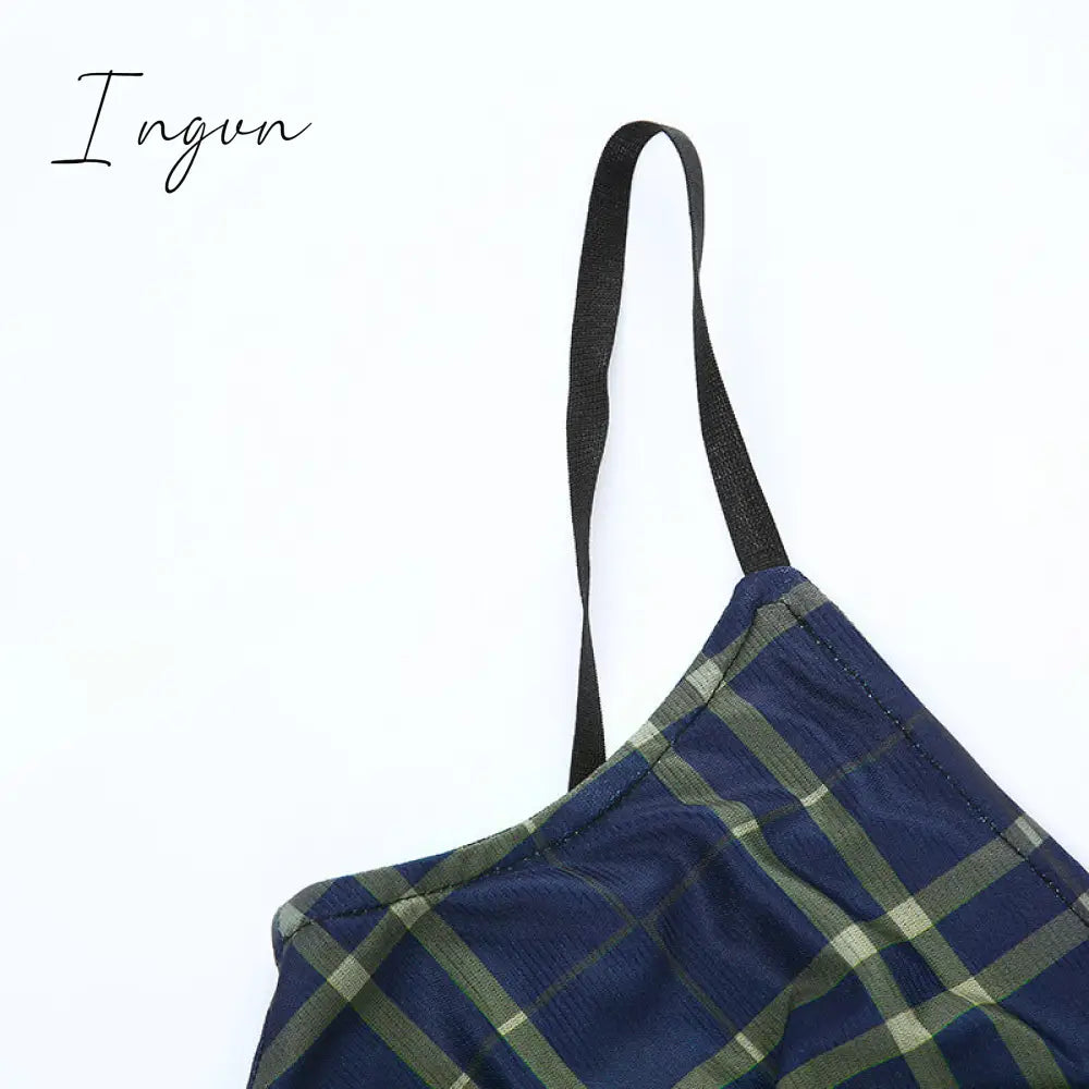 Ingvn - E-Girl 90s Spaghetti Strap Bandage Front Ruffles Plaid Dresses Vintage Mesh V-neck Backless A-line Mini Dress Partywear