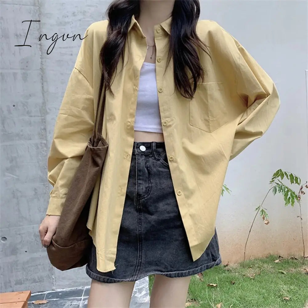 Ingvn - Prink Shirt for Women 2023 New Long Sleeve Turn Down Collar Oversized Blouses Office Ladies Korean Fashion Casual Top