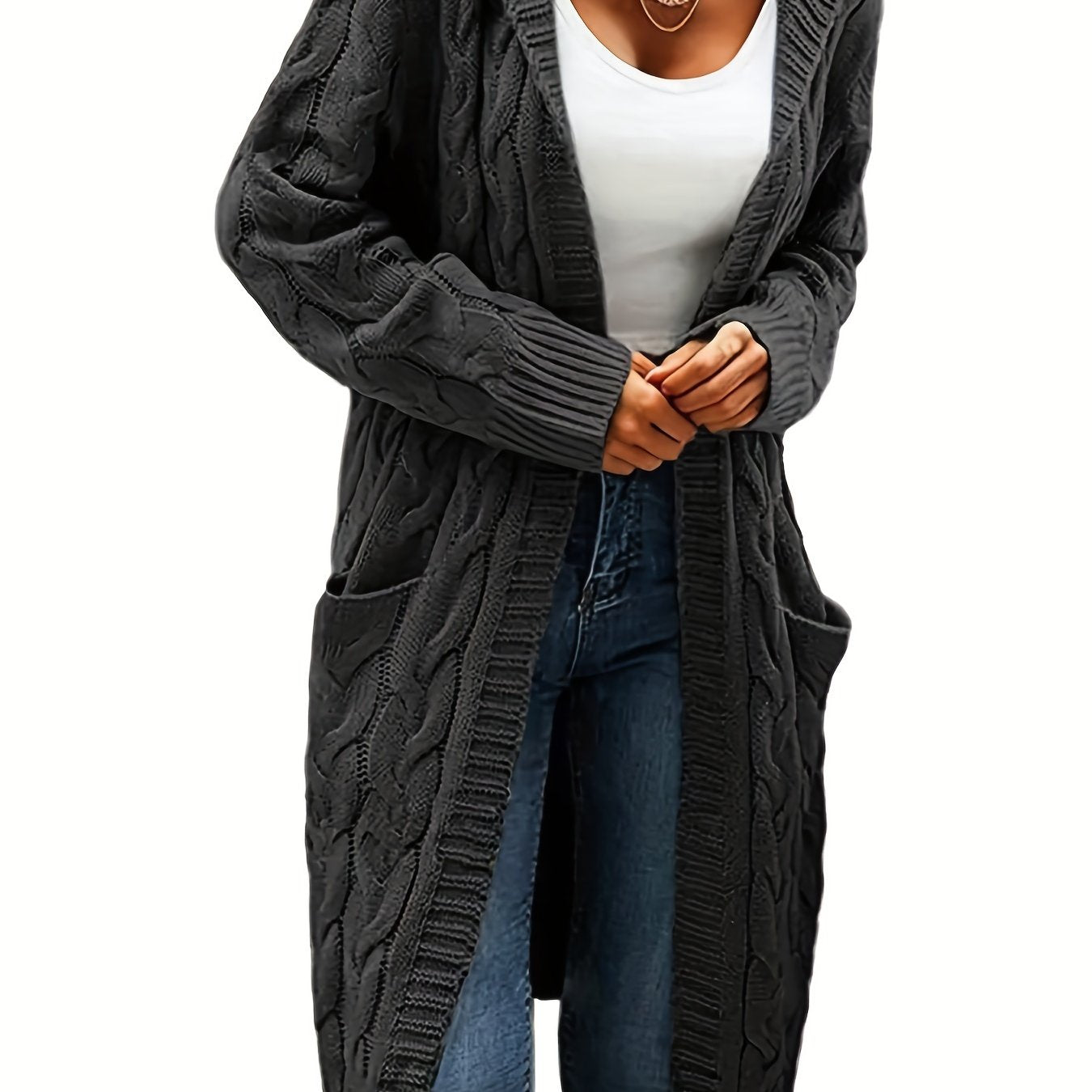 Plus Size Casual Cardigan, Women's Plus Solid Cable Long Sleeve Open Front Hooded Cardigan With Pockets