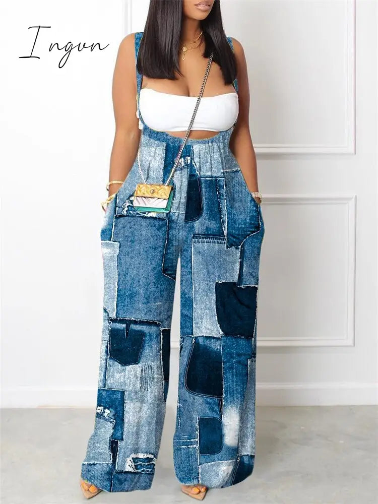 Ingvn - Sets Outifits 2023 New Geometric Print Wide Leg Suspender Jumpsuit Fashion Casual Pieces For Wome