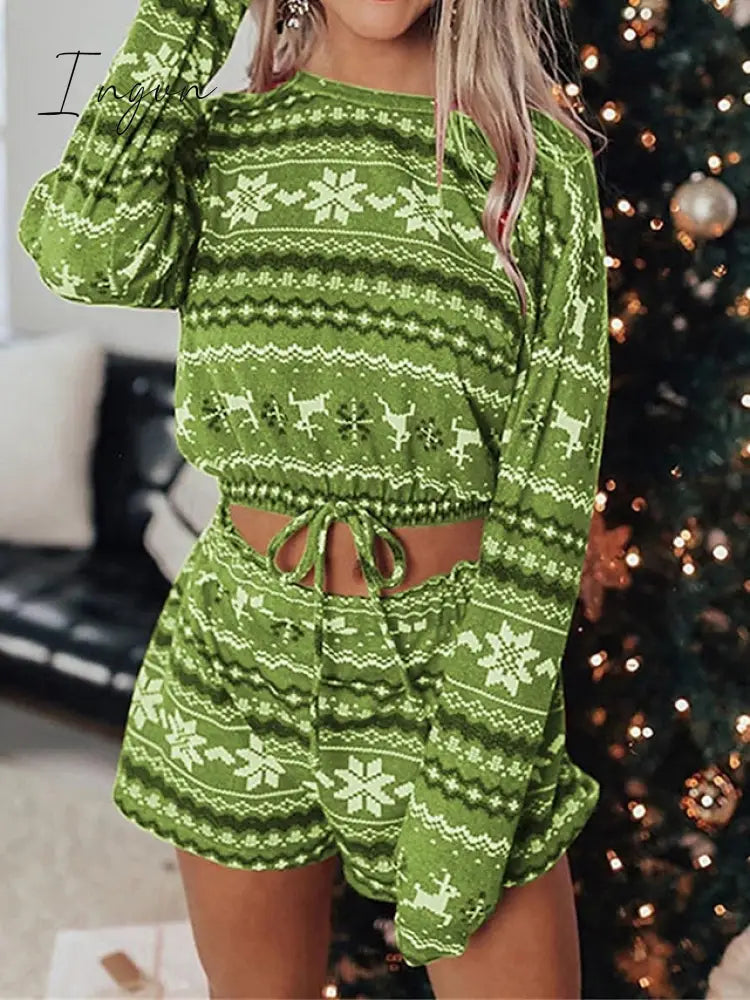 Ingvn - Women's Loungewear Sets Stripe Snowflake Casual Comfort Home Christmas Daily Polyester Breathable Crew Neck Long Sleeve Shorts Spring Fall Wine Red