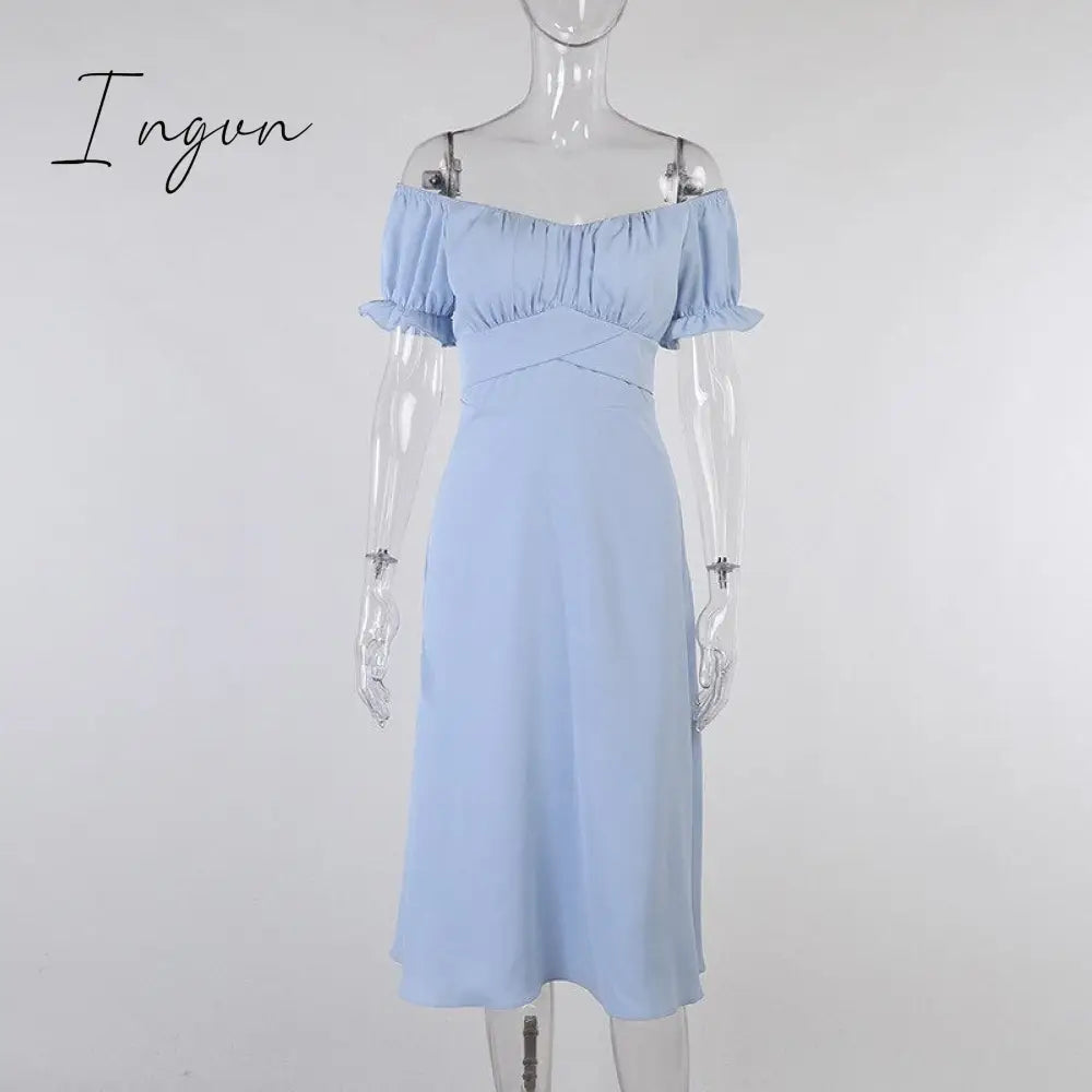 Ingvn - Short Sleeve Bodycon Beach Dresses High Waist A-line Ladies Party Vestidos Elegant Solid V-neck Summer Women Dress