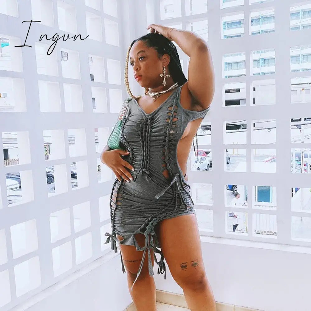 Ingvn - Dark Gray Hollow Out Mini Dress Sexy Drawstring Bandage Backless Summer Dresses for Women 2023 Birthday Party Clubwear