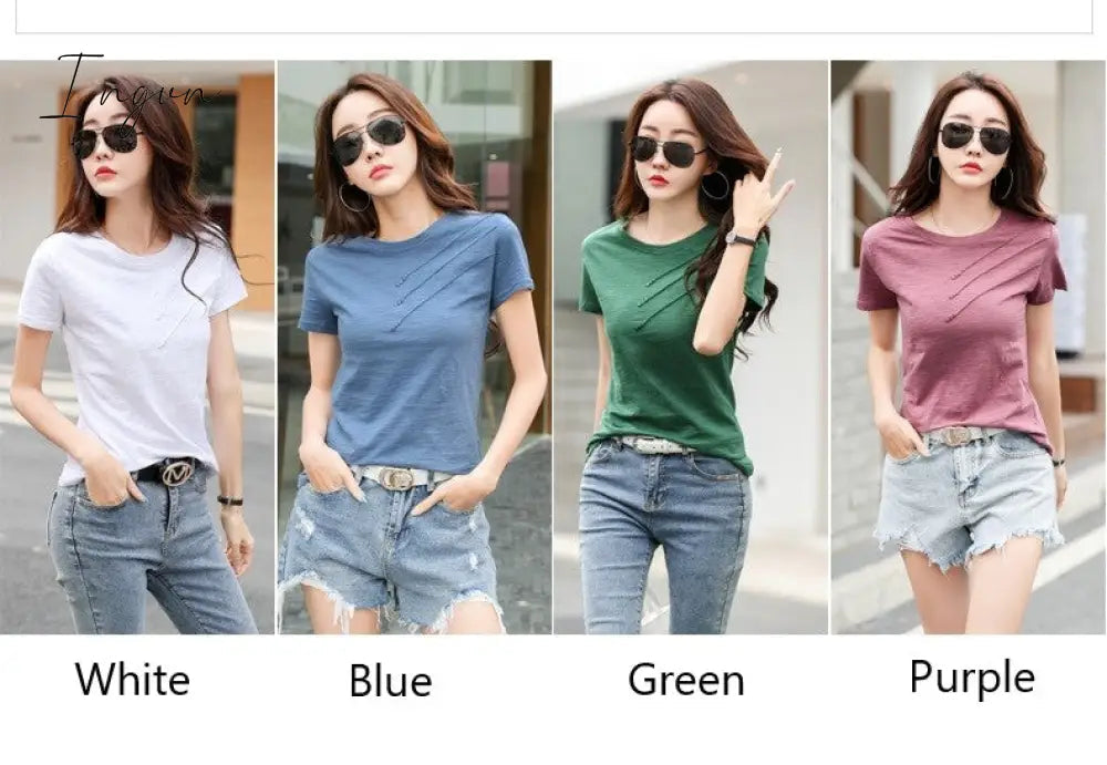 Ingvn - Short Sleeve Summer Women Ribbed Cotton Tee-Shirts Female Button Loose Casual Fashion T-shirts Blue O-Neck Korea Tops S-3XL